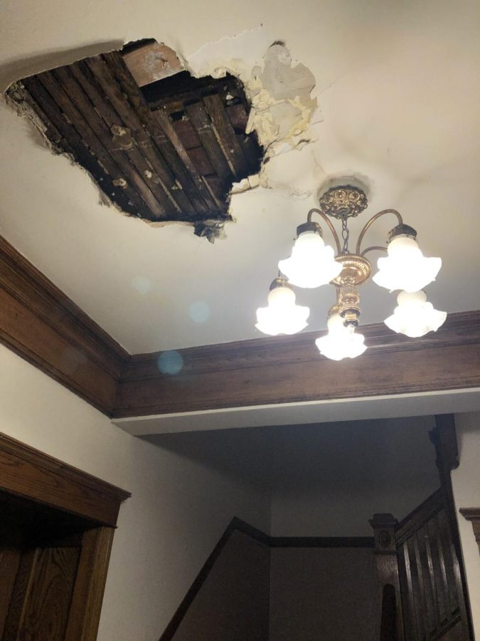 The interior damage from Ben K.s apartment lobby was caused by a burst pipe.