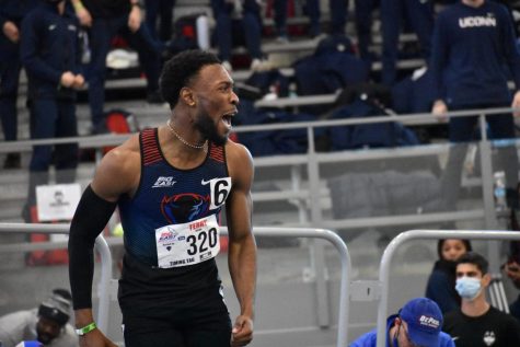 DePaul junior Jarel Terry cheers at the Big East Track and Field Indoor Championship on Feb. 26.