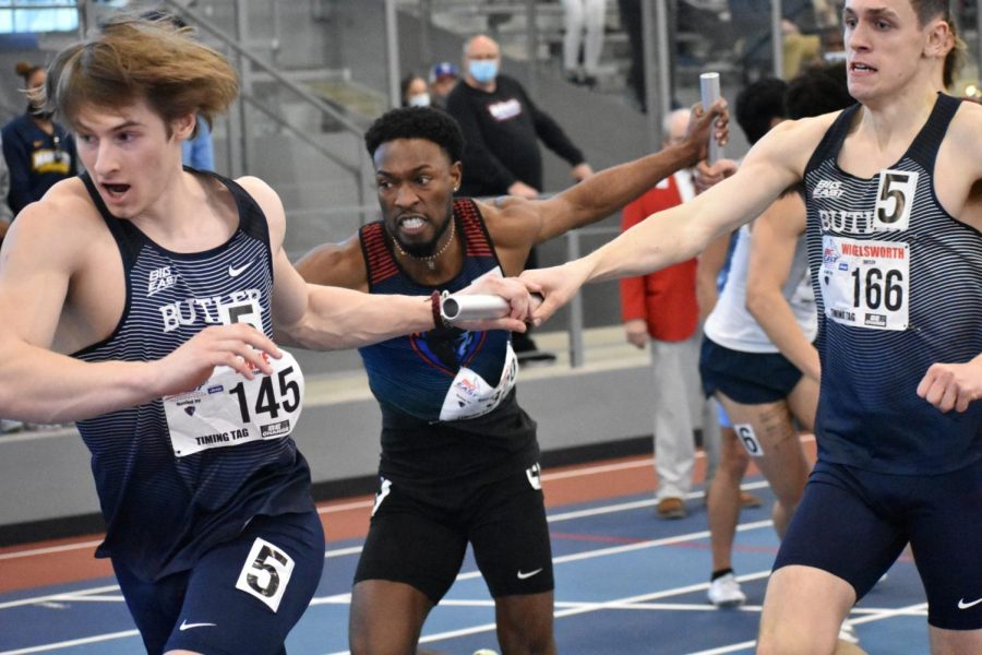 Junior Jarel Terry grabs onto the baton in the men's 4x400m race at the Big East Indoor Track and Field Championship on Feb. 26.