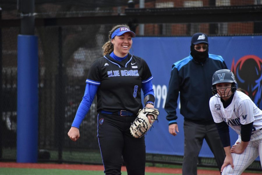First baseman Brooke Johnson smiles during the Blue Demons 7-1 win over Villanova on April 2.