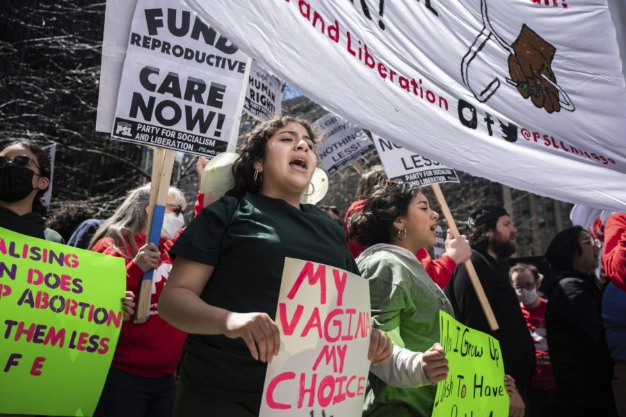 Manifestantes se juntan en Federal Plaza protestando por sus derechos reproductivos. 
