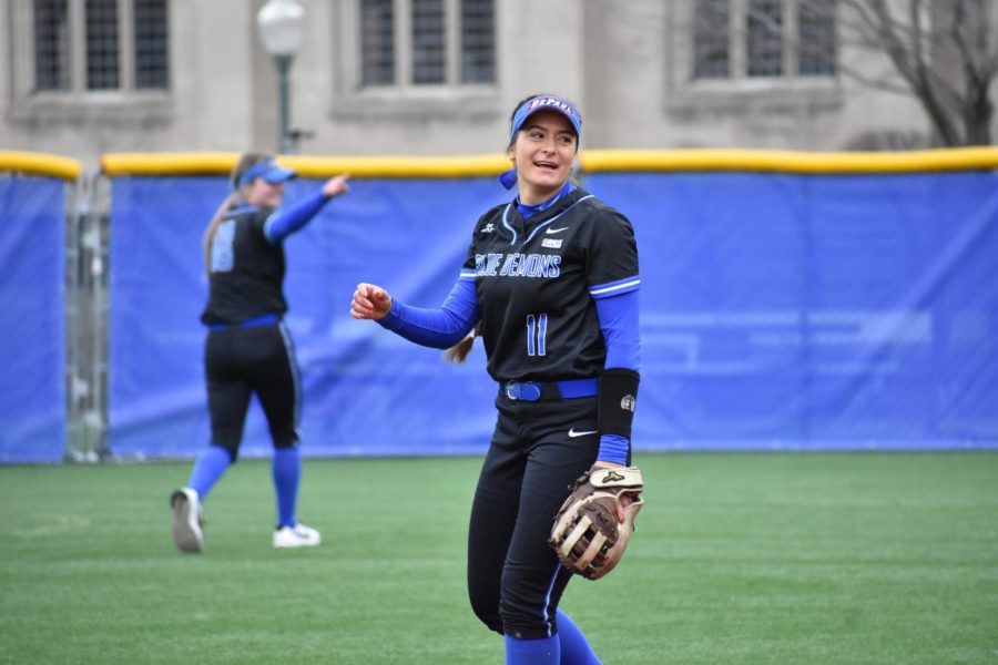 Softball graduate student Maranda Gutierrez smiles during the Blue Demons 7-1 win over Villanova on April 2.