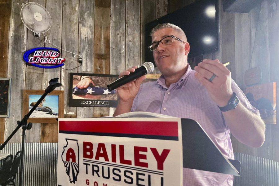 Republican candidate for Illinois governor Darren Bailey speaks to voters during a campaign stop in Athens, Ill., June 14, 2022. Bailey is seeking the Republican nomination to face Democratic Gov. J.B. Pritzker in November.