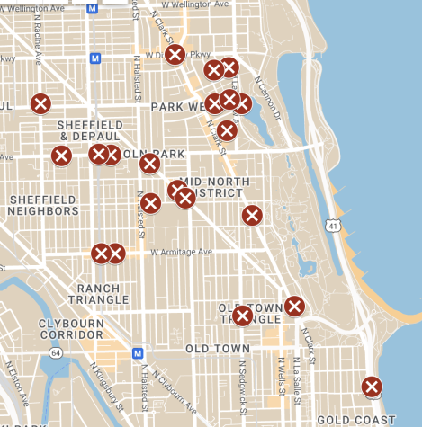 This map shows the approximate location of robberies in Ward 43 between 5/1/22 and 6/13/22, according to coordinates provided by the Chicago Data Portal. Area robberies are up 320% over this period from 2021.