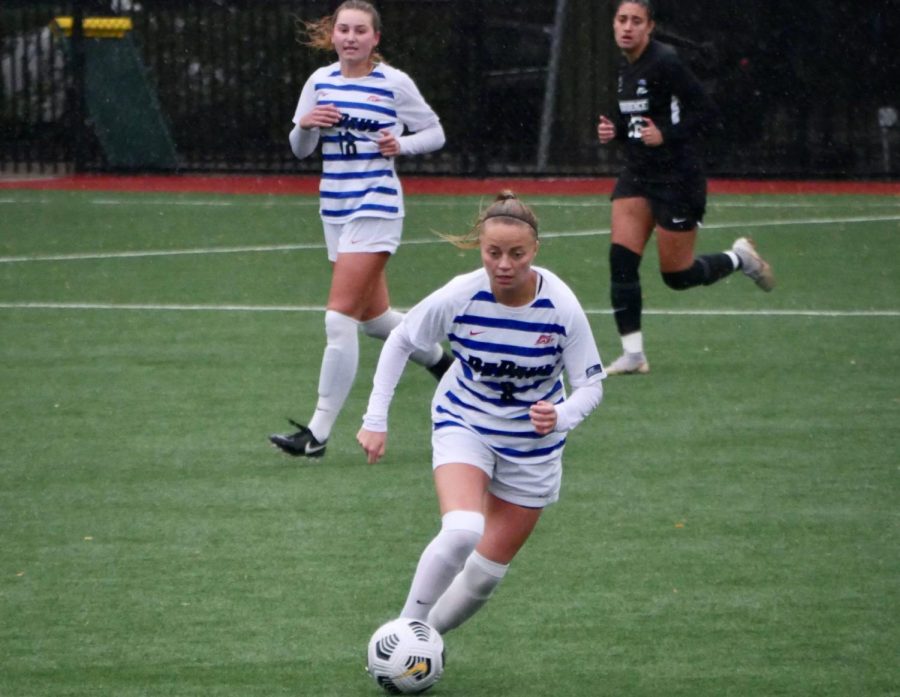 Senior midfielder Ebba Costow dribbles up the pitch against Providence last season.