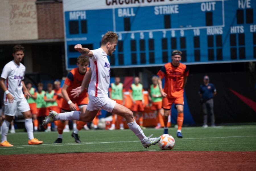 Graduate defender Jake Fuderer fires in a goal from a penalty kick in the first half against Bucknell on Sunday.