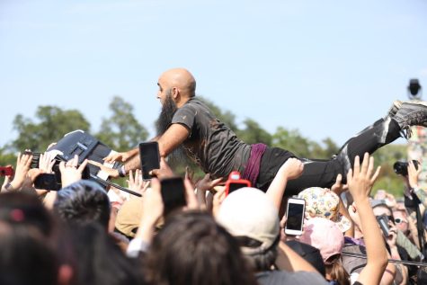 A performer during Riot Fest crowd surfed with a keyboard during Riot Fest performance. The West Side residents are protesting against mega festivals, like Riot Fest, being held in Douglass Park