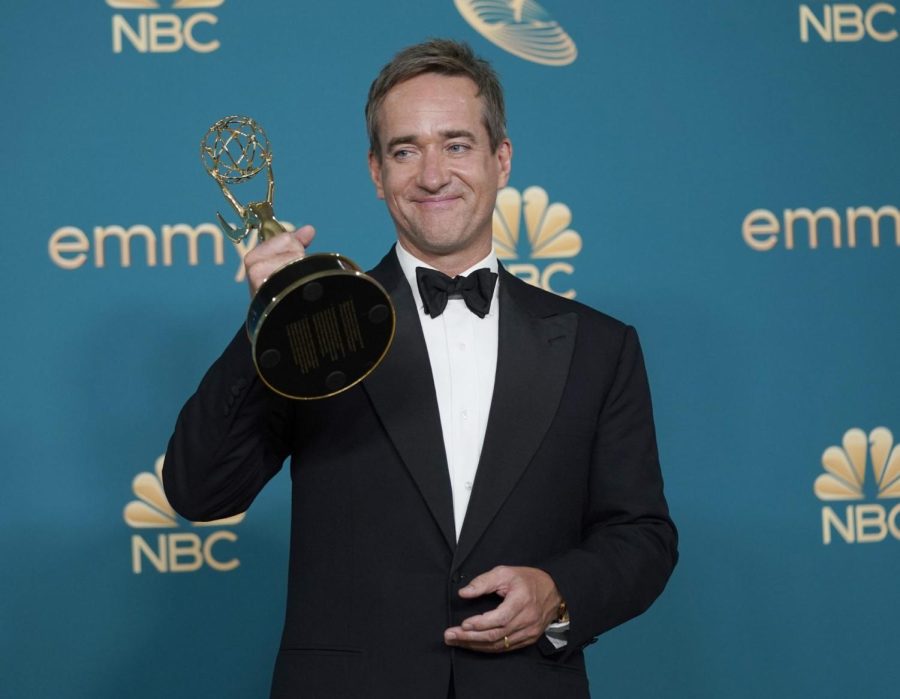 Matthew Macfadyen poses in the press room with the award for outstanding supporting actor in a drama series for Succession at the 74th Primetime Emmy Awards on Monday, Sept. 12, 2022, at the Microsoft Theater in Los Angeles.
