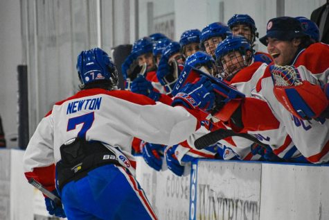 Sophomore winger Matt Newman celebrates with his bench after scoring a goal in the second period on Saturday during DePaul’s 10-3 victory over Northern Illinois at Johnny’s Ice House. 