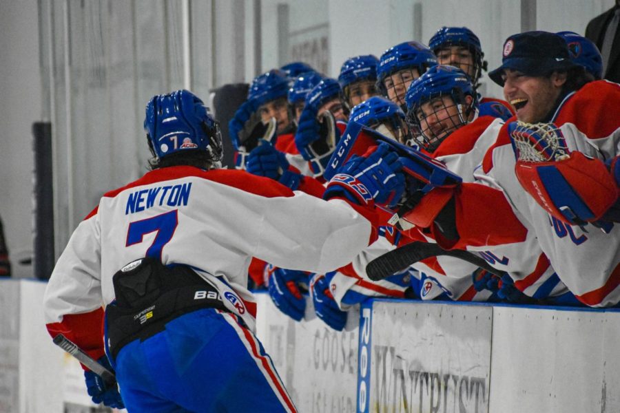 Sophomore+winger+Matt+Newman+celebrates+with+his+bench+after+scoring+a+goal+in+the+second+period+on+Saturday+during+DePaul%E2%80%99s+10-3+victory+over+Northern+Illinois+at+Johnny%E2%80%99s+Ice+House.+