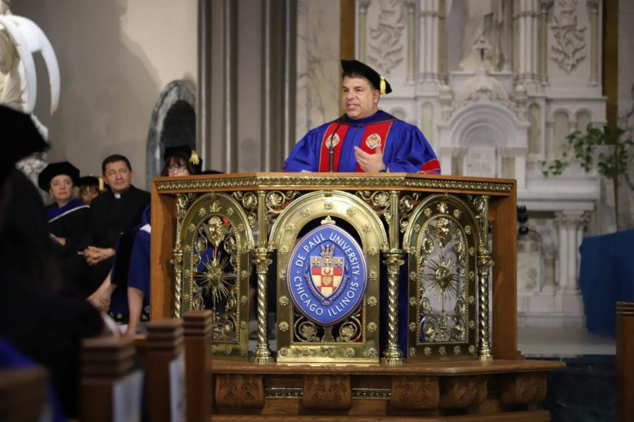 DePaul President Rob Manuel gives a speech at the academic convocation on Sept. 1. He said he wants his time at DePaul to inspire and restore the university.
