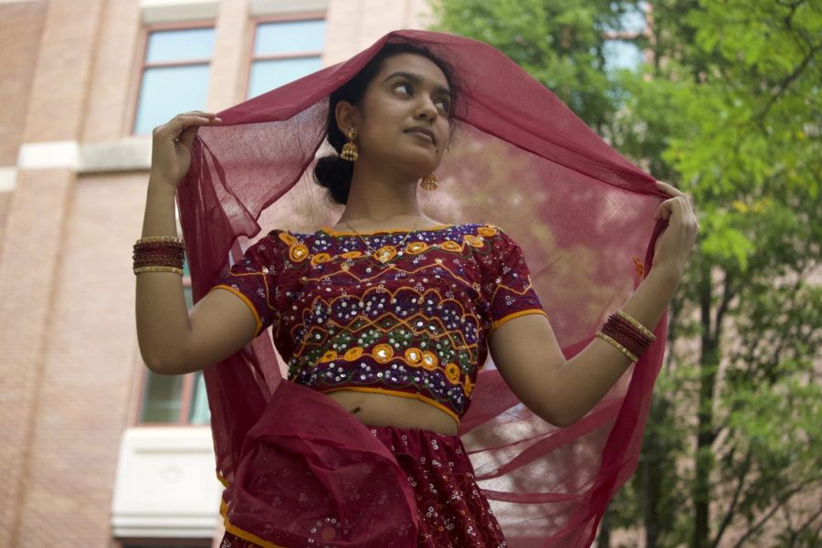 Ghagra cholis are traditionally styled with a long shawl called a dupatta.