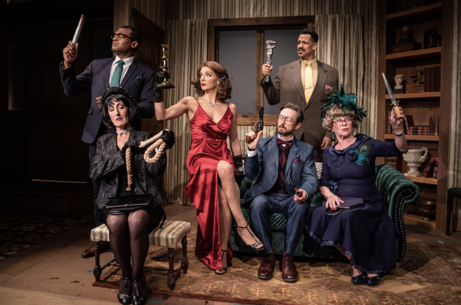 (From left to right) Kelvin Roston, McKinley Carter, Erica Stephan,  Andrew Jessop, Jonah Winston and Nancy Wagner star in Clue at the Mercury Theater.