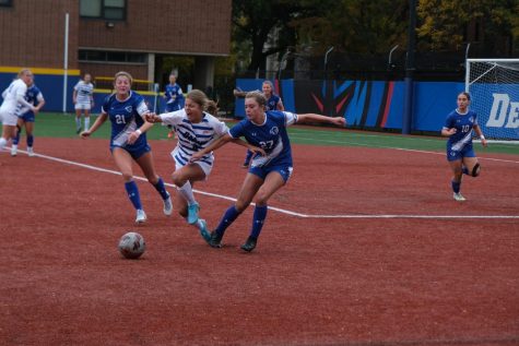 Defender Linda Dantes challenges two Seton Hall attackers during Sundays 2-0 victory.