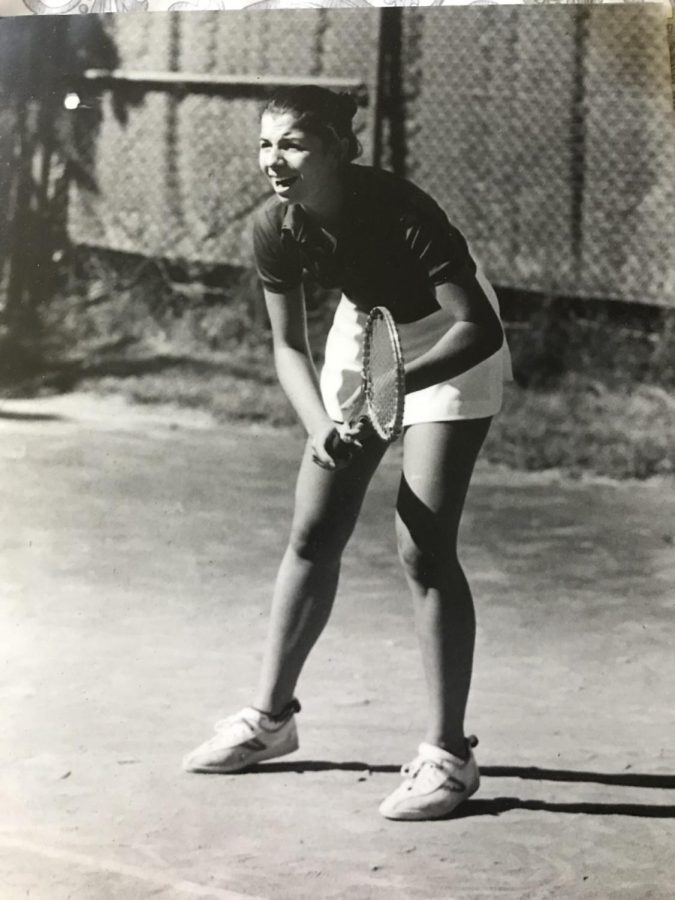 Jean Ponsetto awaits a serve while playing for DePauls tennis team in 1978. 