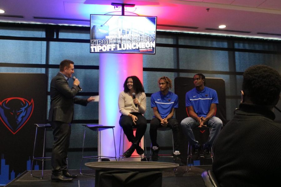 DePaul’s radio play by play broadcaster Zach Zaidman interviews Jade Edwards, Jalen Terry and Eral Penn during Thursday’s tipoff luncheon.