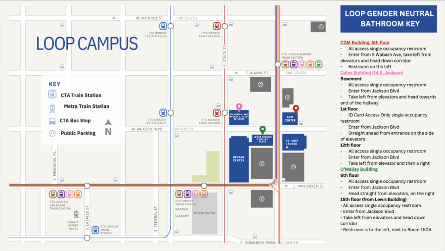 There are no gender-neutral restrooms available in the DePaul Center, where the Driehaus College of Business is located.