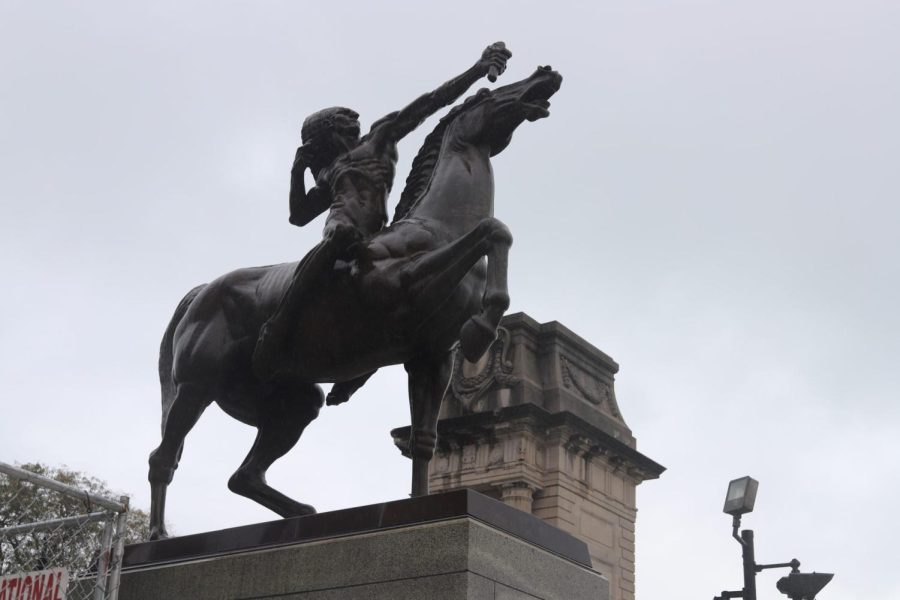 “The Bowman and The Spearman,” are two bronze statues on Michigan Ave. The sculptures have been criticized for their romanticized and reductive depictions of Indigenous peoples.