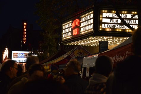 The Music Box Theater lit up for its 58th anniversary.