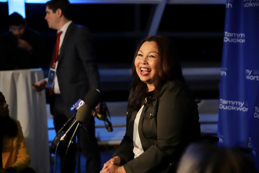 Senator Tammy Duckworth debriefs with media after her victory speech at Adler Planetarium on election night. This will be her second term as U.S. senator.