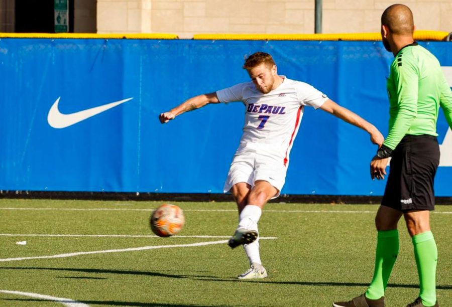 Senior Jake Fuderer boots a free kick in the second half of Wednesdays senior day match against Villanova at Wish Field. The attempt would find the the back of the net to put DePaul up 3-2.