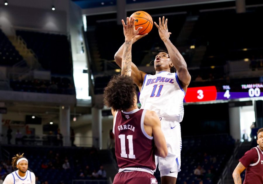 Graduate forward Eral Penn attempts a shot in DePauls 82-66 loss to Texas A&M on 11/25.