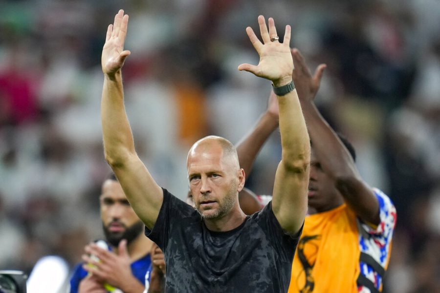 Head coach Gregg Berhalter of the United States celebrates after the World Cup group B soccer match between Iran and the United States at the Al Thumama Stadium in Doha, Qatar, Wednesday, Nov. 30, 2022. 