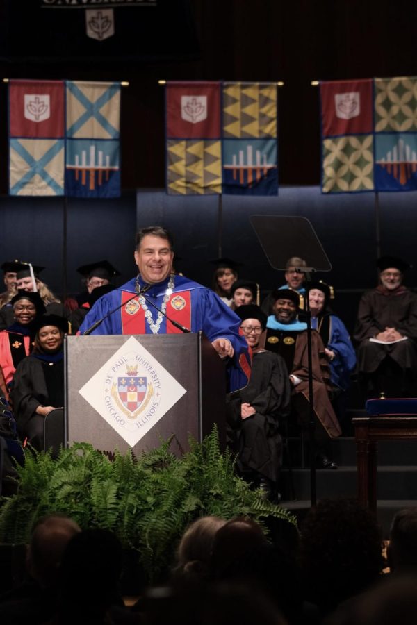 Robert Manuel delivers a speech following his presidential inauguration  as the 13th president of DePaul university on Nov. 11. 