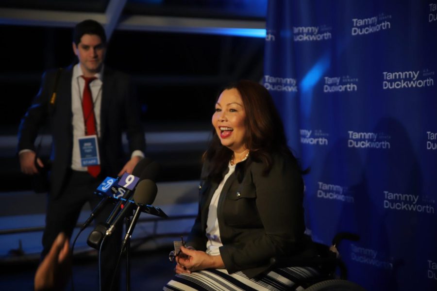 Senator Tammy Duckworth debriefs with media after her victory speech at Adler Planetarium on election night. This will be her second term as U.S. senator. 