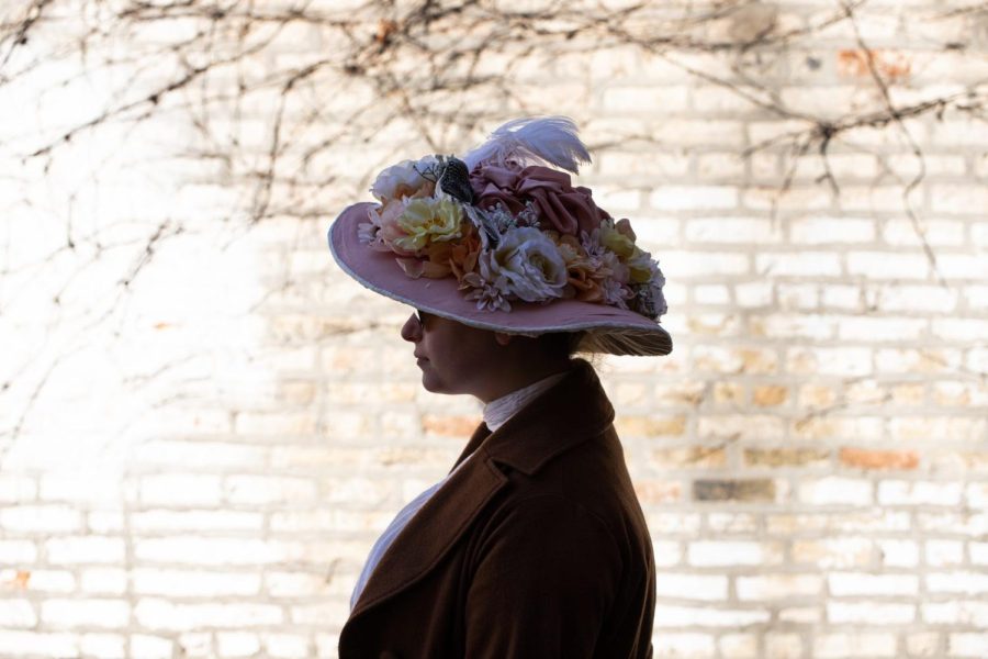 Grace Koehler sporting her regular tuesday afternoon outfit in one of her handmade Victorian hats.
