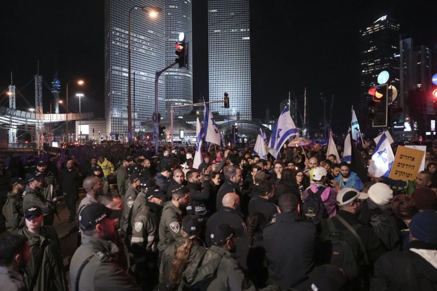 Protesters rally against the government’s plans to overhaul the country’s legal system, in Tel Aviv, Israel on Saturday, Jan. 14, 2023. They were met with police resistance.