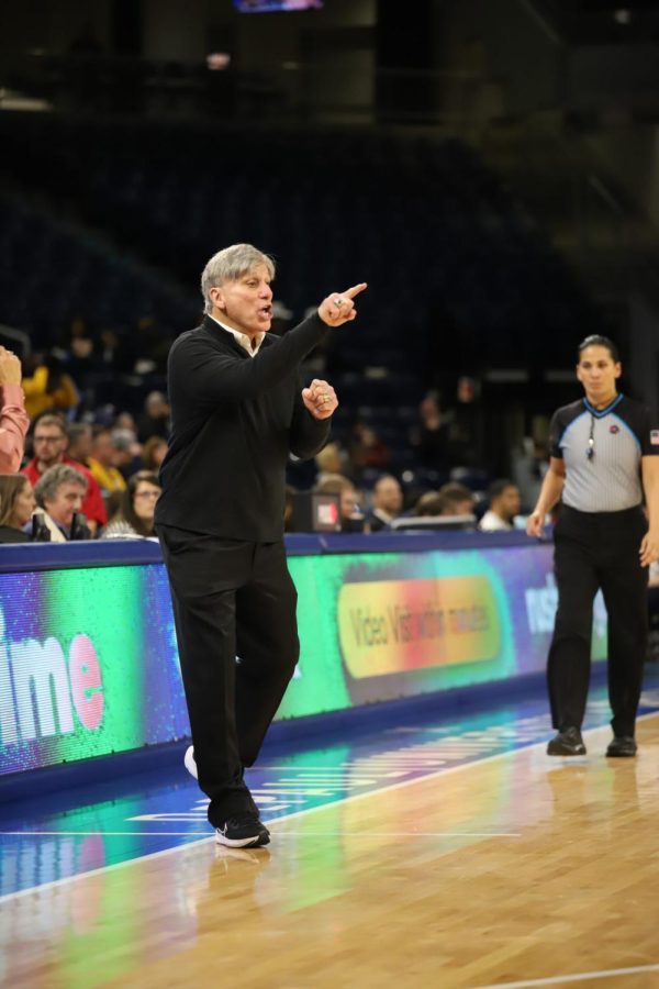 Head coach Doug Bruno shouts directions to his players in DePauls loss to Marquette on Wednesday.