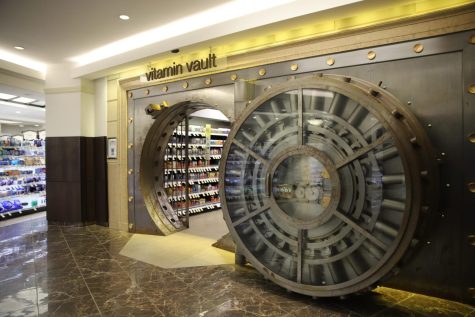 The former safe of the Noel State Bank is now the distinguished “Vitamin Vault. ” Rows of vitamins and other supplements line the inner walls of the vault.