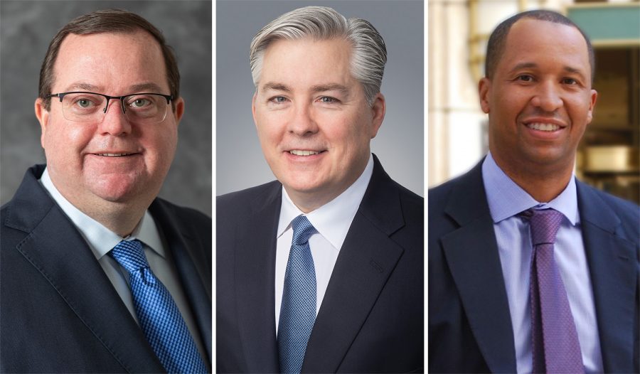 (From left) Michael Canning, Malik T. Murray and Kevin Keeley recently joined DePaul Universitys Board of Trustees.