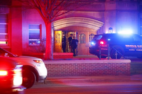 Police investigate the scene of a shooting at Berkey Hall on the campus of Michigan State University, late Monday, Feb. 13, 2023, in East Lansing, Mich. (AP Photo/Al Goldis)