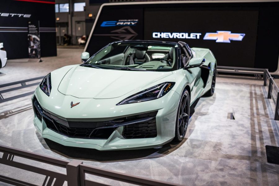 The brand-new Chevrolet Corvette E-Ray is featured in the center of the brand’s booth, with representatives present during public days to answer consumer questions.