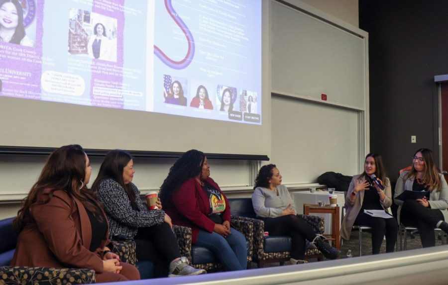 U.S. Congresswoman Delia Ramírez [Left], Cook County Commissioner Josina Morita, State Representative Lakesia Collins and State Representative Lilian Jiménez respond to questions asked by panelist hosts and students.