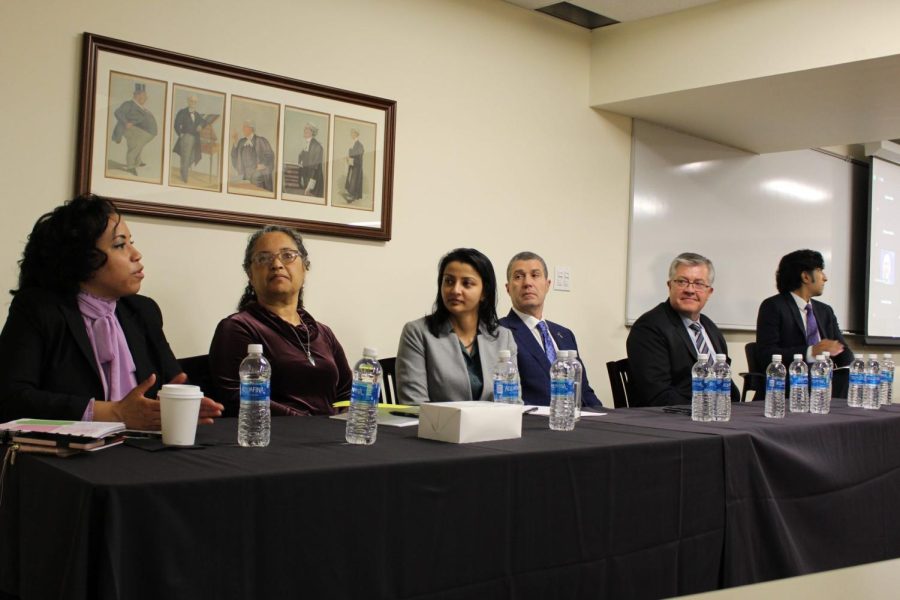(From left) Aisha Edwards, Christina Rivers, Ami Gandhi, Tony Romanucci and Stephen Blandin spoke at the discussion panel, moderated by RJI Faculty Director Manoj Mate.