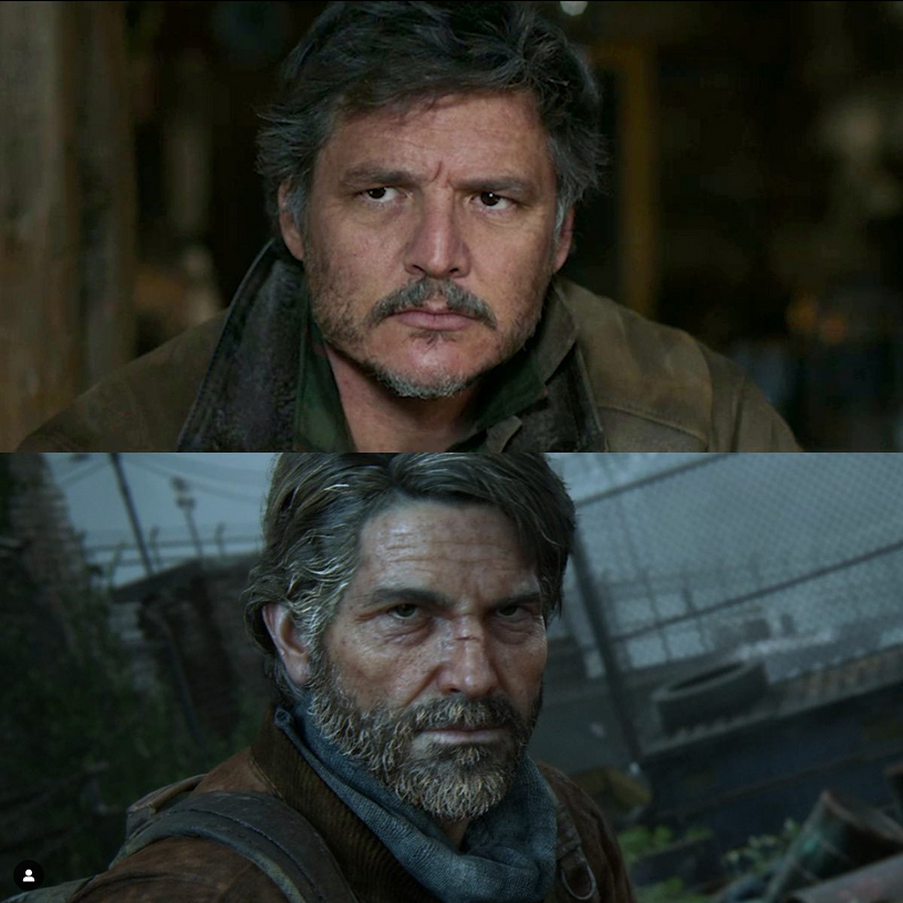 Pedro Pascal actuando como Joel Miller en la serie de HBO, The Last of Us (arriba), basado en el videojuego del 2013 con el mismo nombre (abajo).
