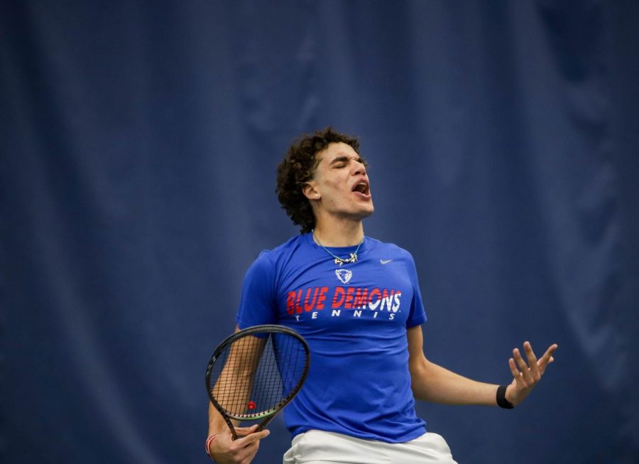 Sophomore+Matteo+Iaquinto+celebrates+after+defeating+Army+sophomore+Vishnu+Bodavula+Friday+night+in+two+sets+as+he+gave+DePaul+its+first+point+of+the+match.+DePaul+improved+to+7-9+on+the+season.