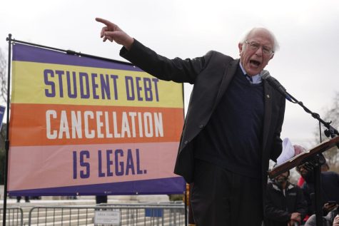 Sen. Bernie Sanders speaks at a rally for student debt relief outside the Supreme Court in Washington on Tuesday, Feb. 28, as the court hears arguments over the plan.
