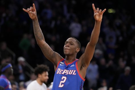 DePauls Umoja Gibson celebrates after closing the second half of an NCAA college basketball game against Seton Hall during the first round of the Big East conference tournament, Wednesday, March 8, 2023, in New York. 