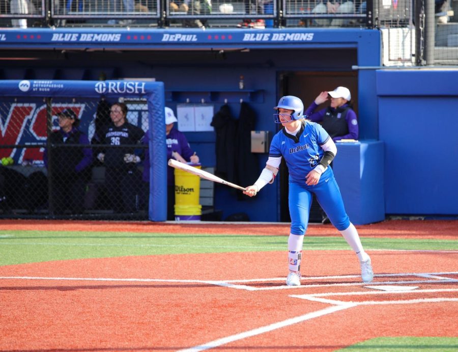 Sophomore catcher Anna Wohlers takes a practice swing in DePaul's loss to Northwestern on March 28.