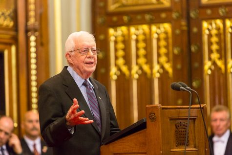 Former president Jimmy Carter delivers a lecture on the eradication of Guinea worm disease at House of Lords in London in 2016.
