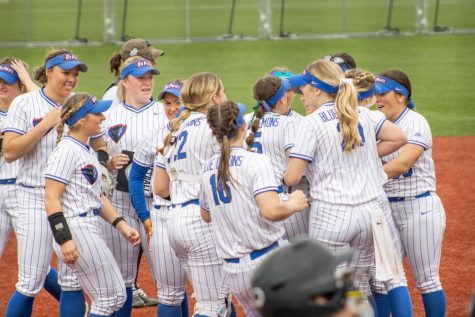 The Blue Demons celebrate together after securing the team’s first home win of the season after defeating Providence 15-6 on Friday. DePaul won the series 2-1 and improves to 11-18 on the season.