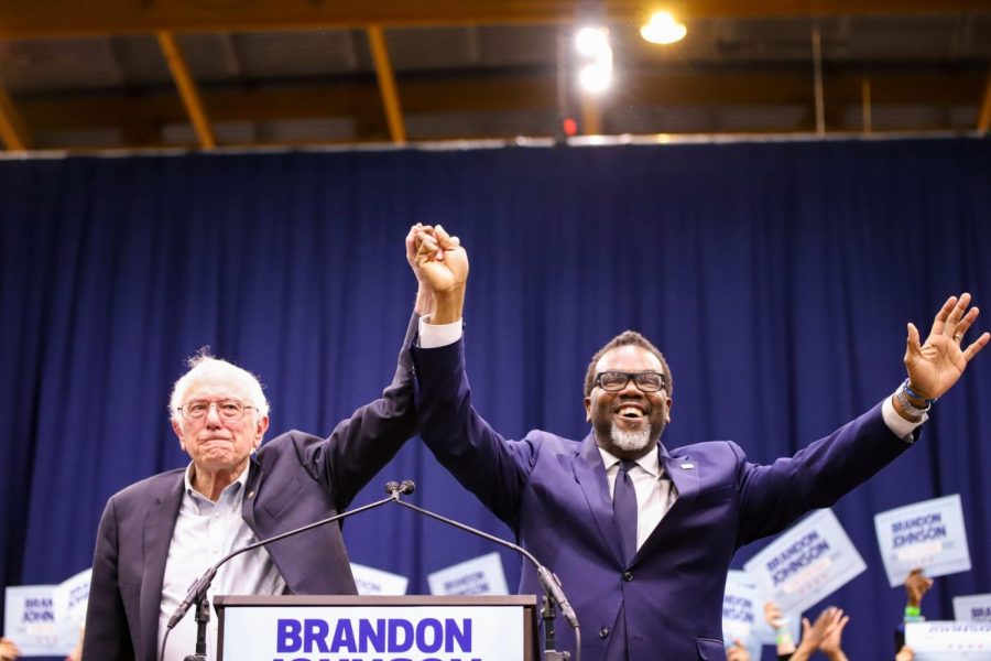 U.S. Sen. Bernie Sanders rallies on behalf of Brandon Johnson at a campaign event at the University of Illinois at Chicago on March 30, five days before the runoff election.