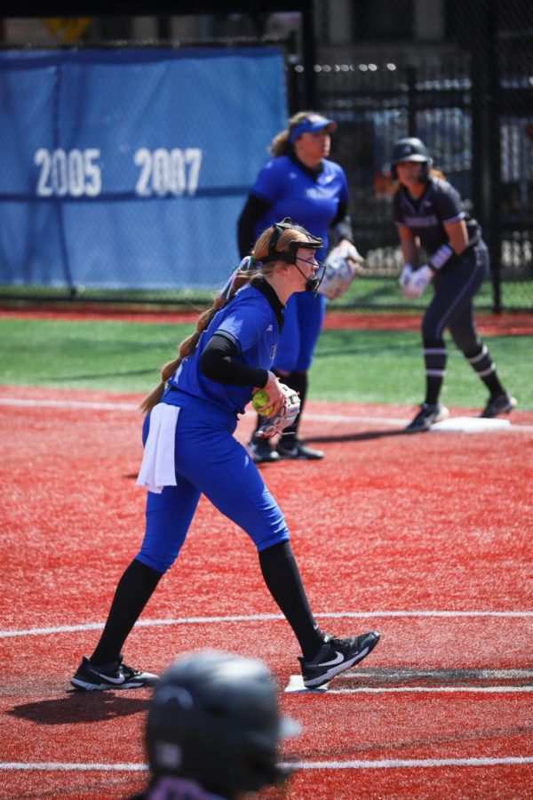 DePaul sophomore pitcher Katey Pierce winds up for the delivery during Sundays 12-1 loss to Providence.