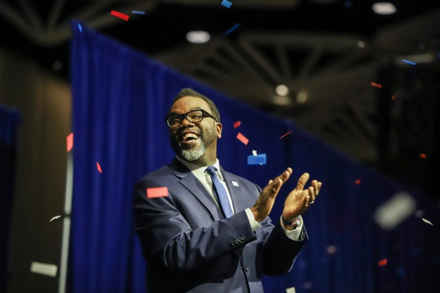 Mayor elect Brandon Johnson celebrates on stage in front of an audience of supporters at his victory party after Tuesday night's runoff election.