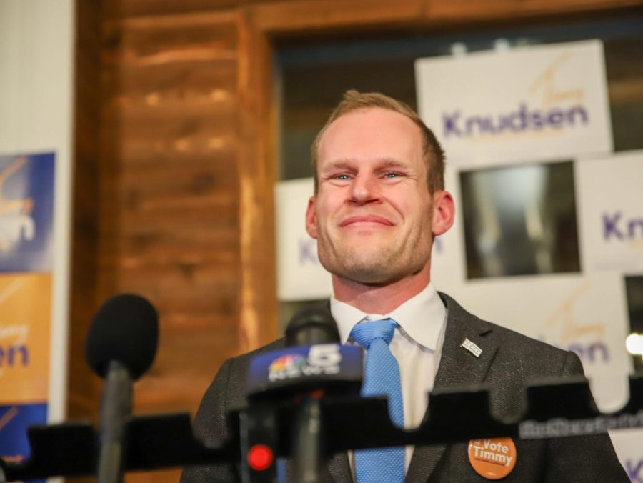 43rd Ward alderman Timmy Knudsen smiles to a crowd of supporters after securing victory over Brian Comer in Tuesday nights runoff election.