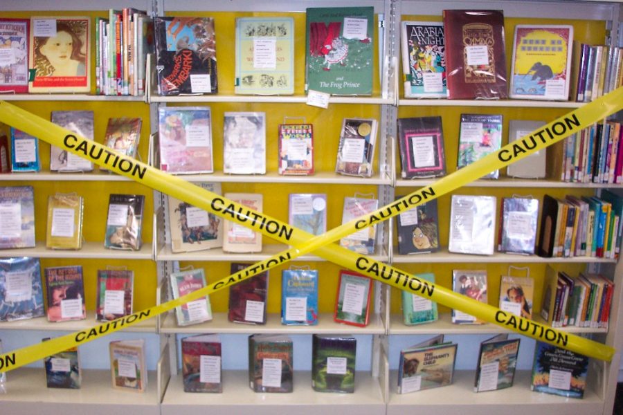 A display of challenged or banned books in the youth services department of the Lansing Public Library. The reason why each book is being banned or challenged is attached to the book's cover.